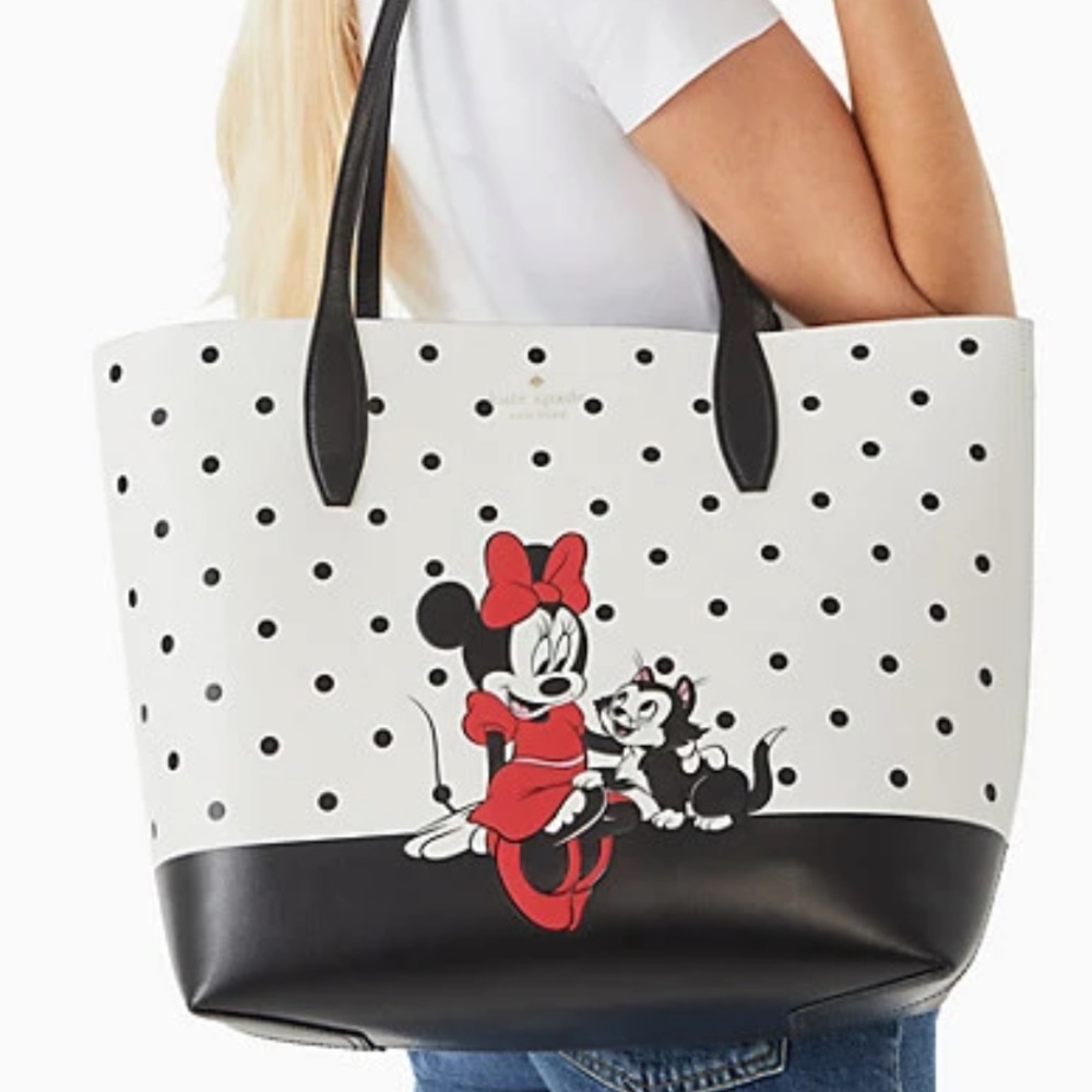 🎁 BEAUTIFUL MINNIE MOUSE OPEN LARGE DOT TOTE WHITE & BLACK WITH WRISTLET DISNEY